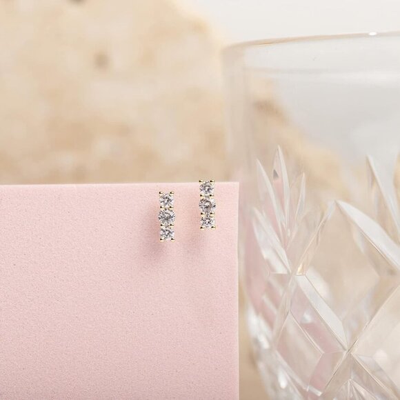 14K Gold Plated Mini Bar Stud Earrings | Hypoallergenic CZ for Everyday Elegance - Picture 3 of 5